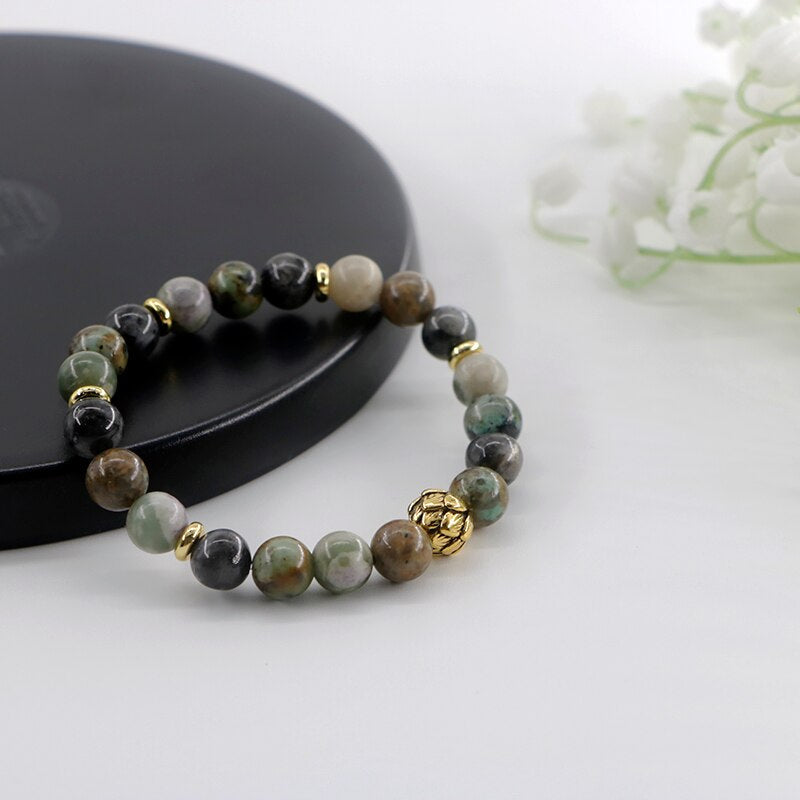 Conjunto Mala De Lótus, Labradorite Preto, Jaspe E Turquesa Africana