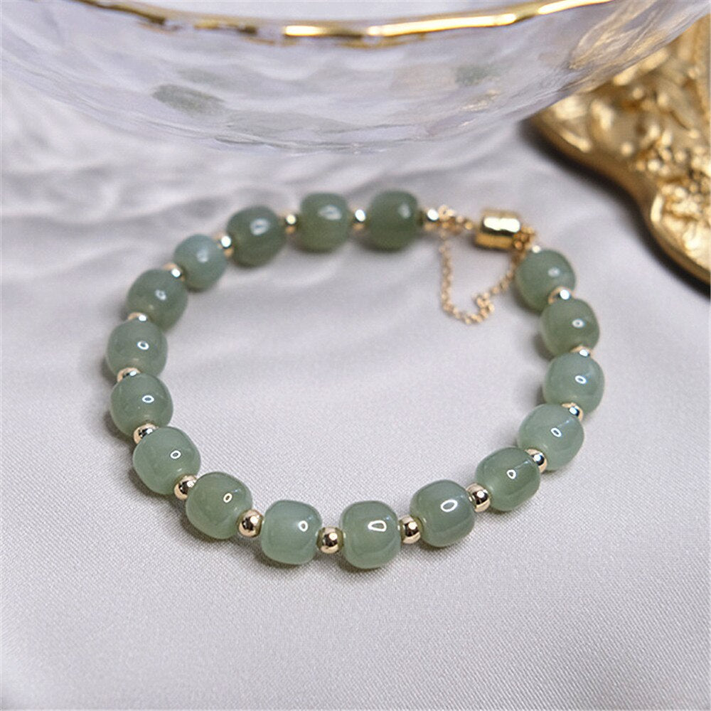 Pulseira Dourada Brilho Verde De Jade Hetiano