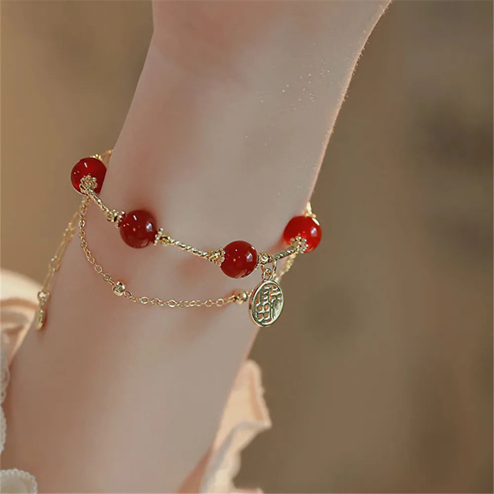 Pulseira de ouro com camadas de ágata vermelha Crimson Cascade