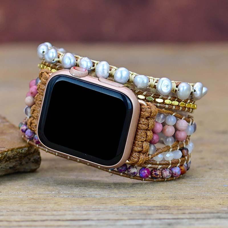 Bracelete Desportiva De Pérolas De Água Doce E Pedras Preciosas Apple