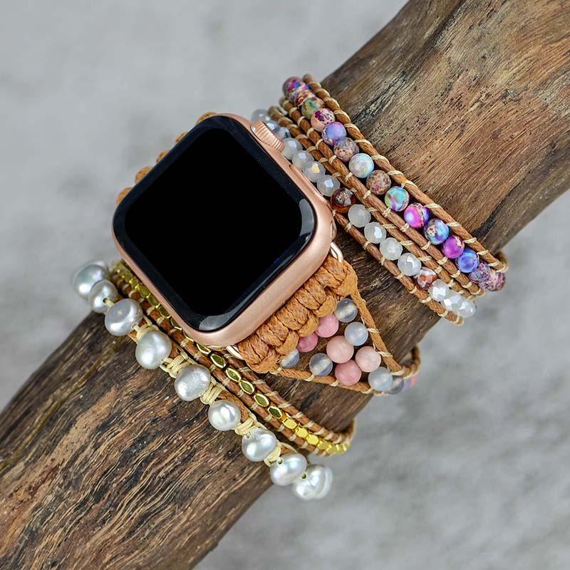 Bracelete Desportiva De Pérolas De Água Doce E Pedras Preciosas Apple