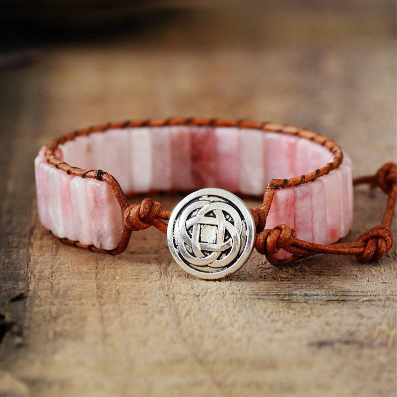 Pulseira De Couro Opala Rosa Boémio