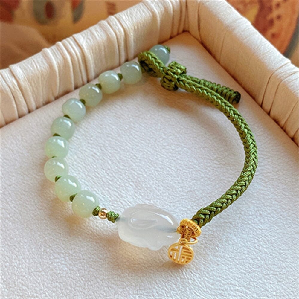 Pulseira Abundância Com Coelhinho De Quartzo Morango E Jade Verde