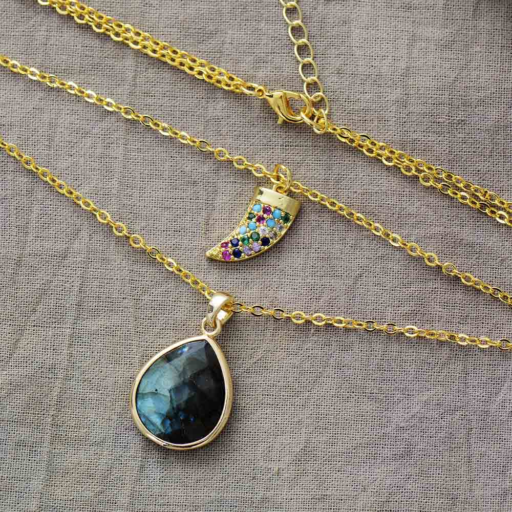 Colar De Ouro Com Camadas Amuleto De Poder De Labradorite E Rodonite