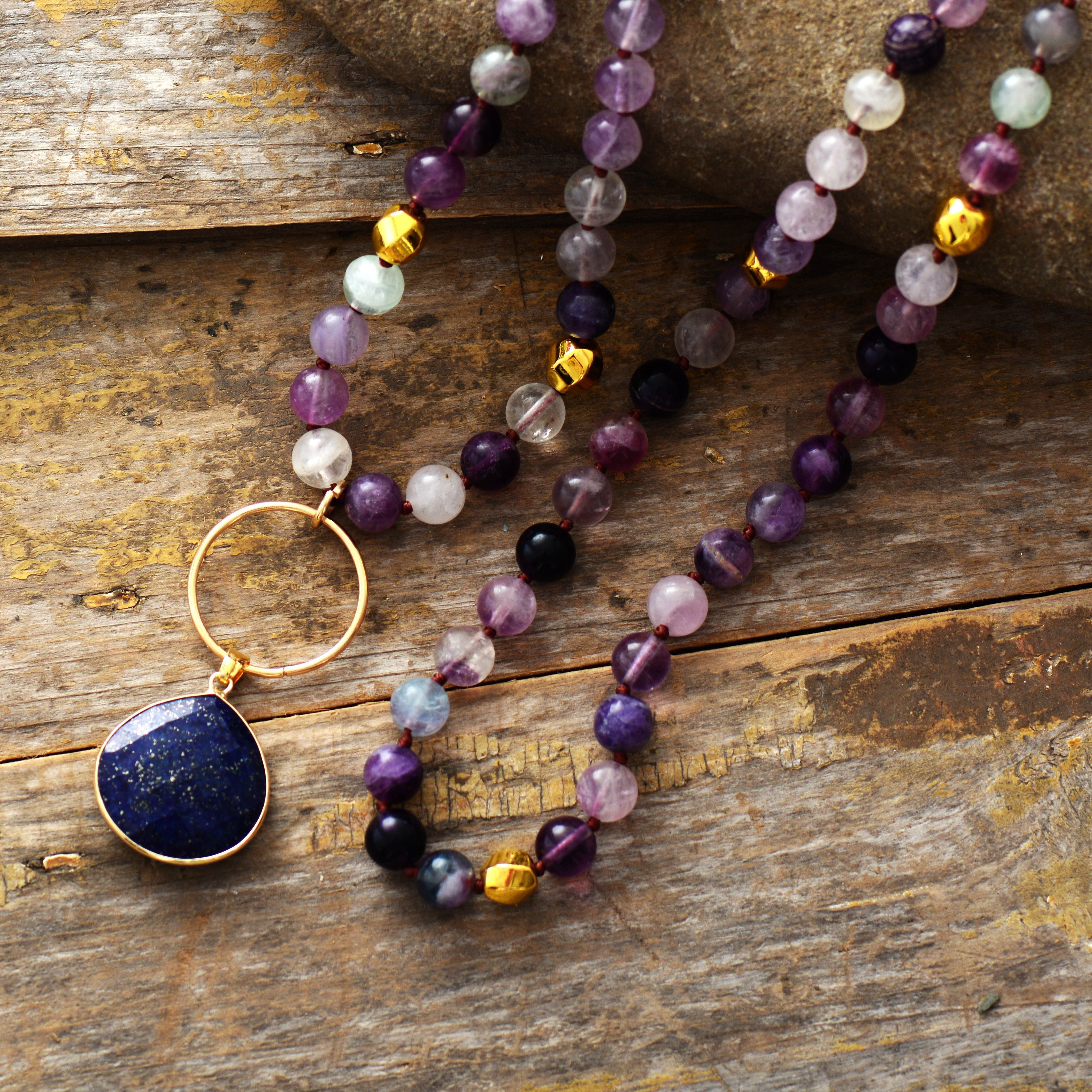 Colar  Mala De Meditação De Fluorite E Lápis