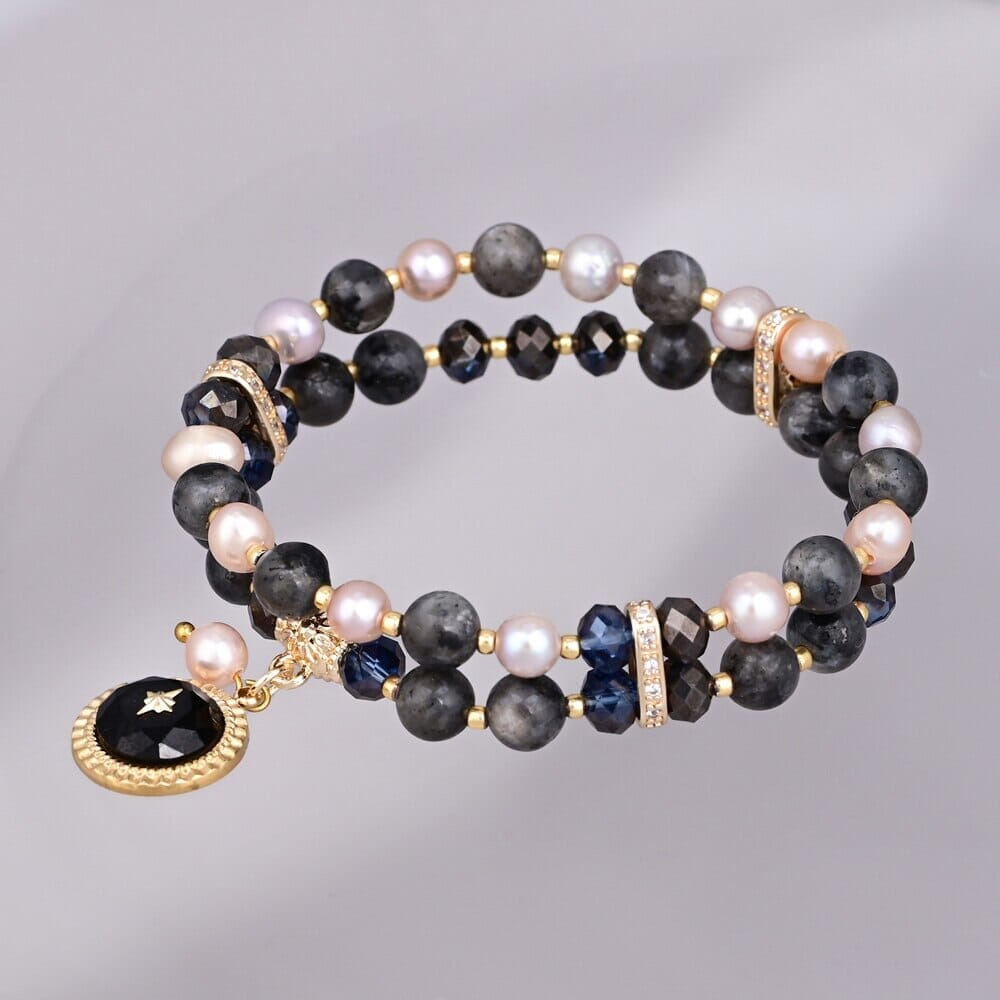 Pulseira Sol Serenidade Brilhante De Labradorite E Ágata Preta